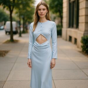 NWT Lioness X U O Amelie Satin Maxi Dress In Powder Blue Front Cut Out